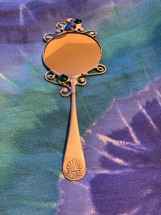 HAND HELD MIRROR, HAND MADE. HANDLE IS MADE FROM A PIECE OF VINTAGE SILVERWARE - Picture 4 of 11